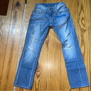 Womens True Religion Straight Leg Distressed Blue Jeans Size 28 Light Wash